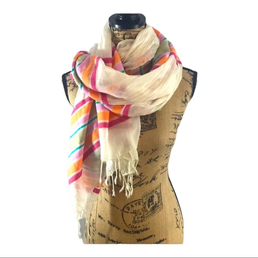 OLD NAVY Orange Pink and Green Stripe Soft Ivory Scarf with Fringe Edge